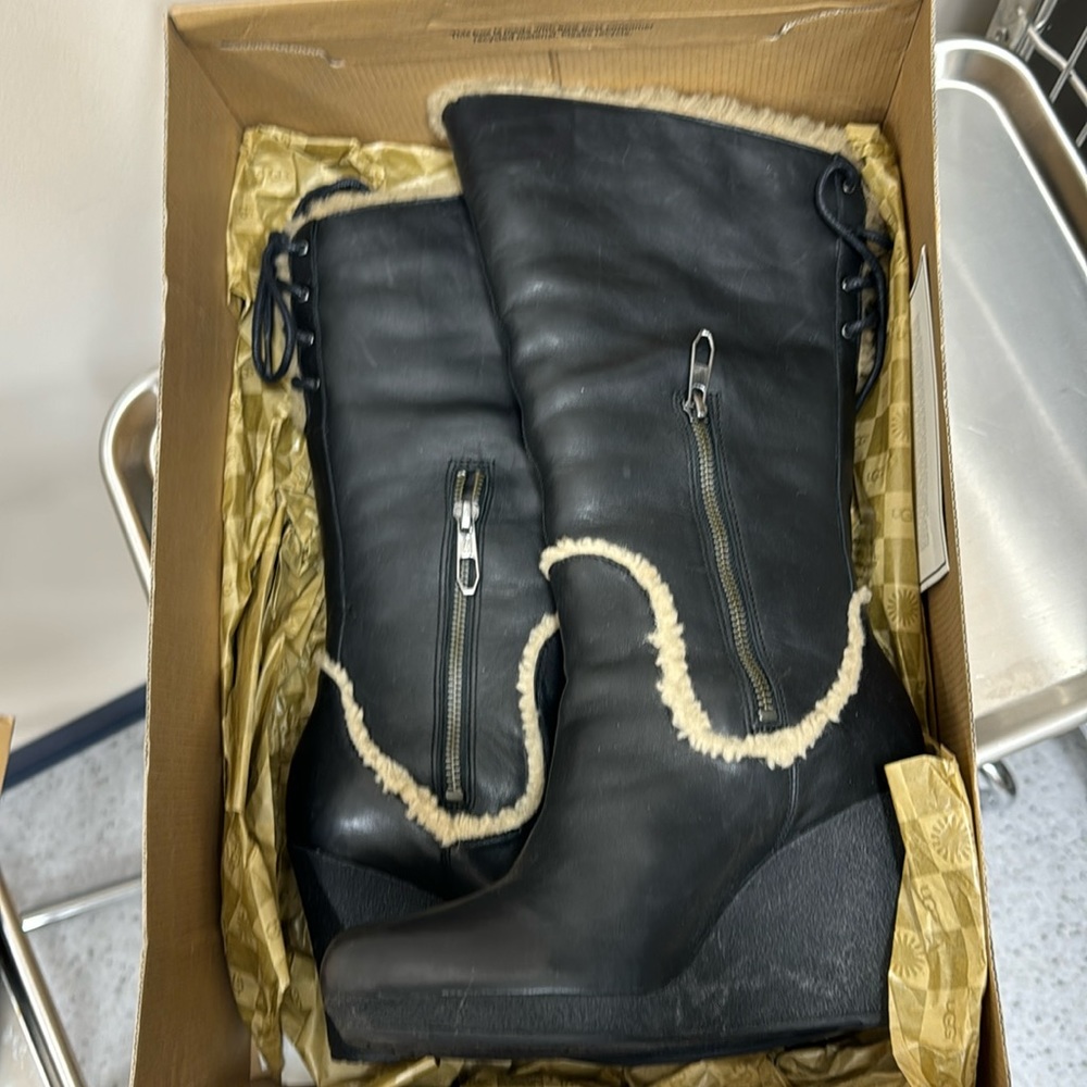 UGG Black Heeled Boots with Cream Trim